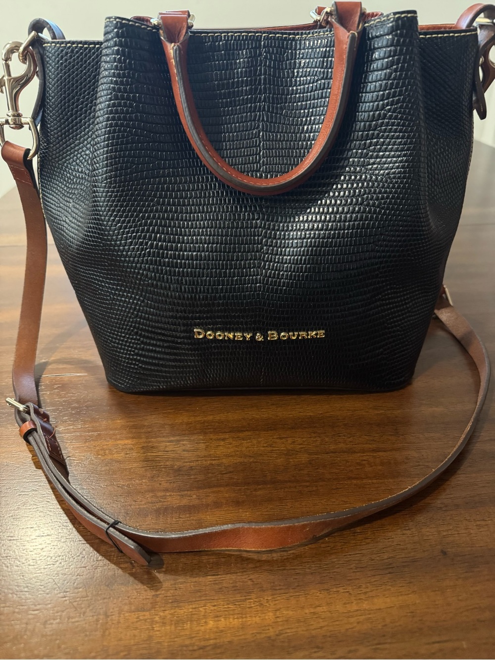 Dooney & Bourke Black Lizard-Embossed Leather Satchel with Brown Trim